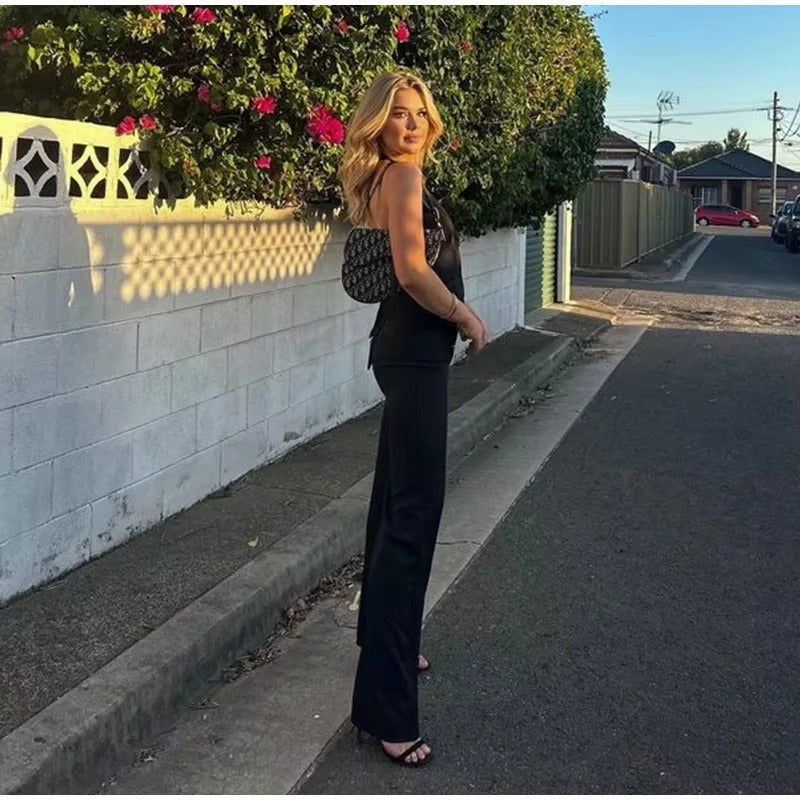 Casual Halter Vest High Waist Wide Leg Pants 2 Pieces Sets Mssza