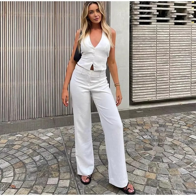 Casual Halter Vest High Waist Wide Leg Pants 2 Pieces Sets Mssza