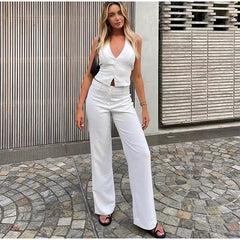 Casual Halter Vest High Waist Wide Leg Pants 2 Pieces Sets Mssza