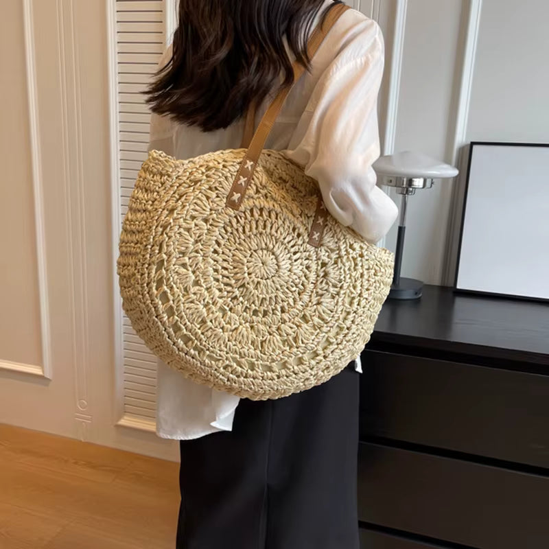 Casual Handmade Straw Holiday Beach Tote Top-Handle Retro Shoulder Bags Mssza