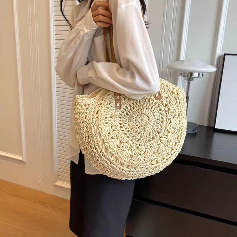 Casual Handmade Straw Holiday Beach Tote Top-Handle Retro Shoulder Bags Mssza