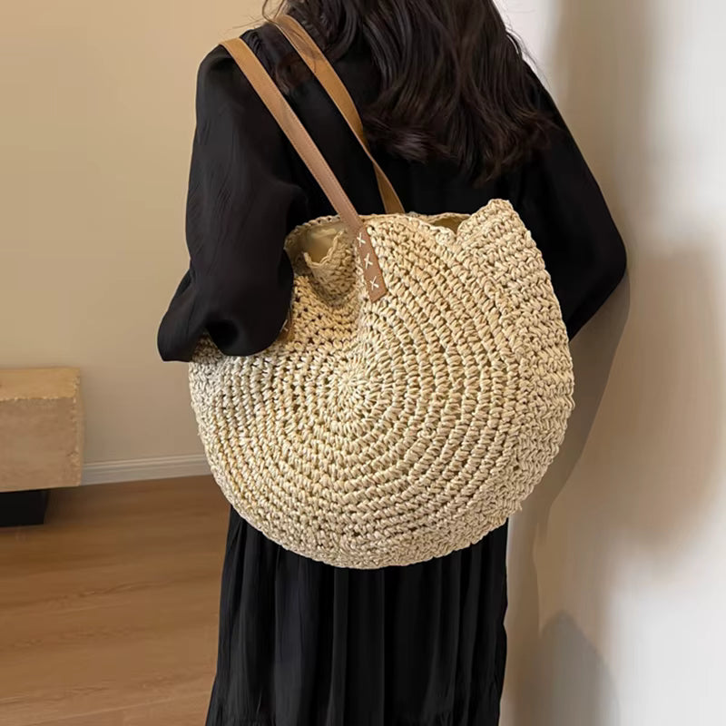 Bohemian Handmade Straw Tote Top-Handle Retro Shoulder Handbag Mssza