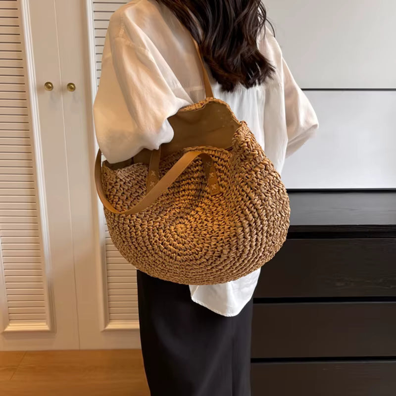 Bohemian Handmade Straw Tote Top-Handle Retro Shoulder Handbag Mssza