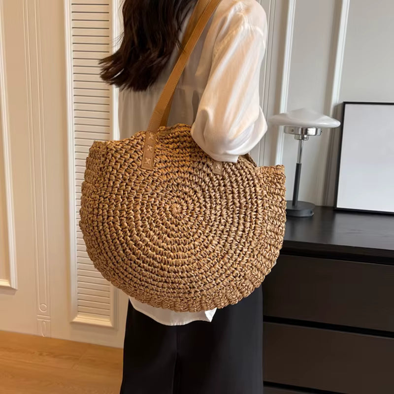 Bohemian Handmade Straw Tote Top-Handle Retro Shoulder Handbag Mssza