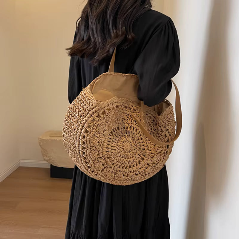 Casual Handmade Straw Holiday Beach Tote Top-Handle Retro Shoulder Bags Mssza