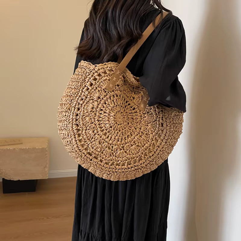 Casual Handmade Straw Holiday Beach Tote Top-Handle Retro Shoulder Bags Mssza