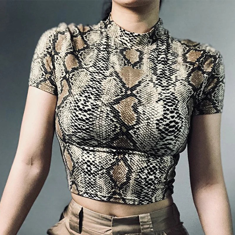 Casual High Collar Snake Print Medium Stretch Crop Top Mssza