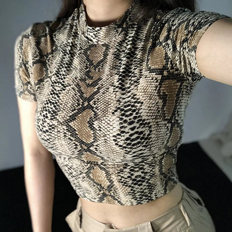 Casual High Collar Snake Print Medium Stretch Crop Top Mssza