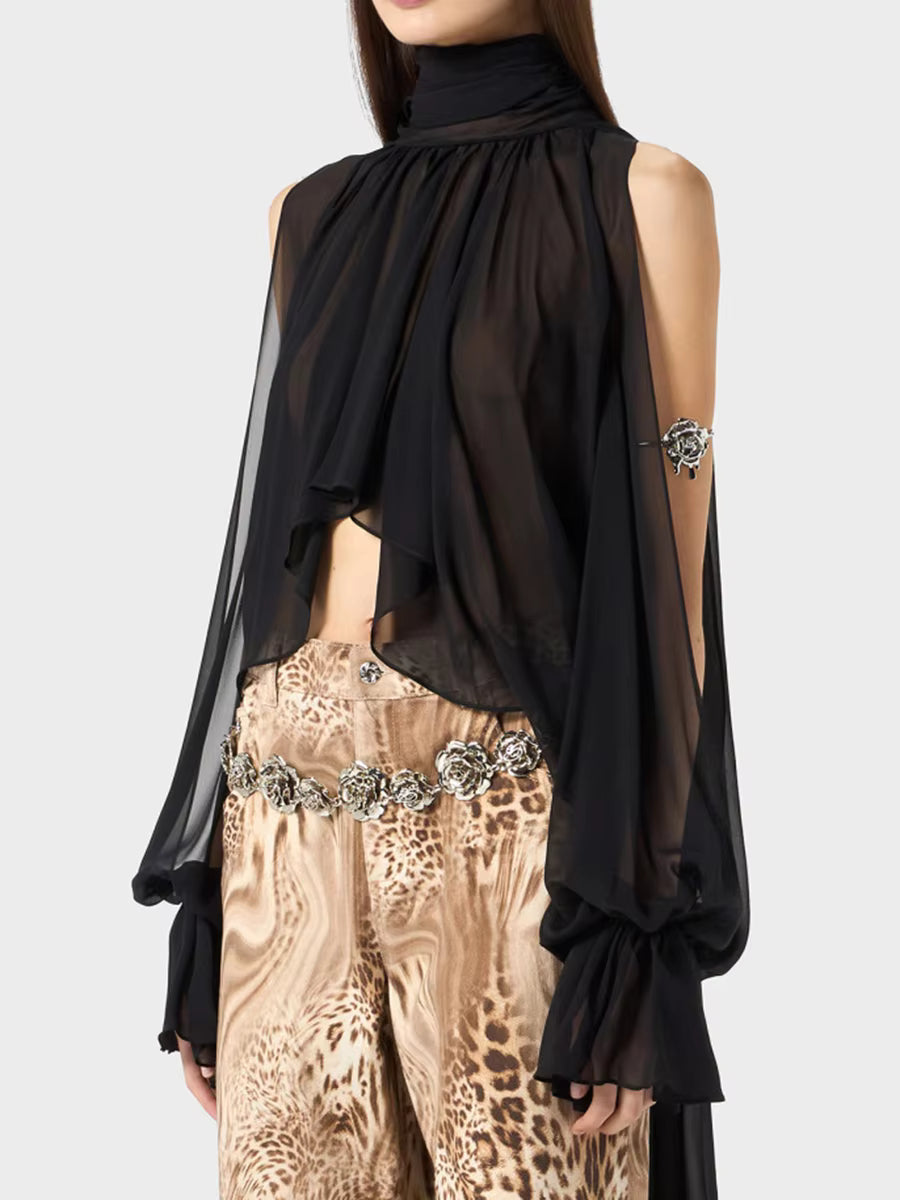 Casual High Neck Drop Sleeves Spliced Flods Temperament Solid Irregular Shirts Mssza