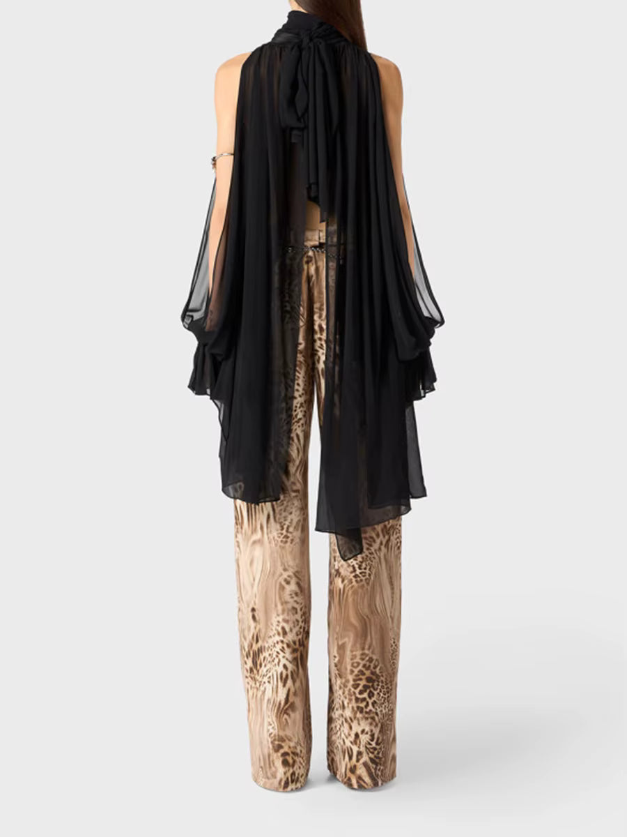 Casual High Neck Drop Sleeves Spliced Flods Temperament Solid Irregular Shirts Mssza