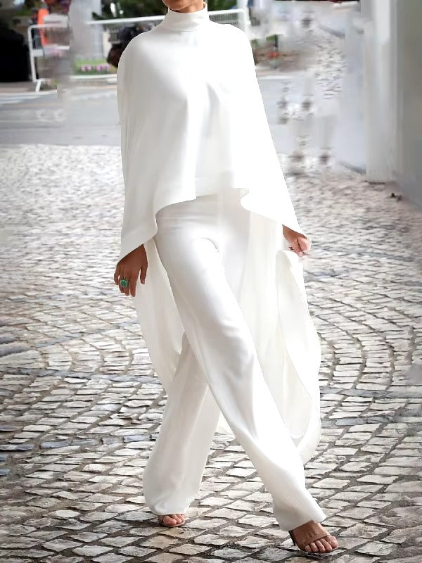 Casual Solid High-Neck Loose Tops & Wide Leg Streetwear high Waist Two Pieces Pants Suits Mssza
