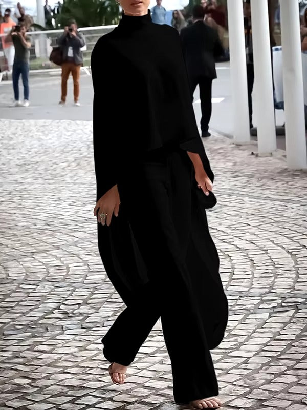 Casual Solid High-Neck Loose Tops & Wide Leg Streetwear high Waist Two Pieces Pants Suits Mssza