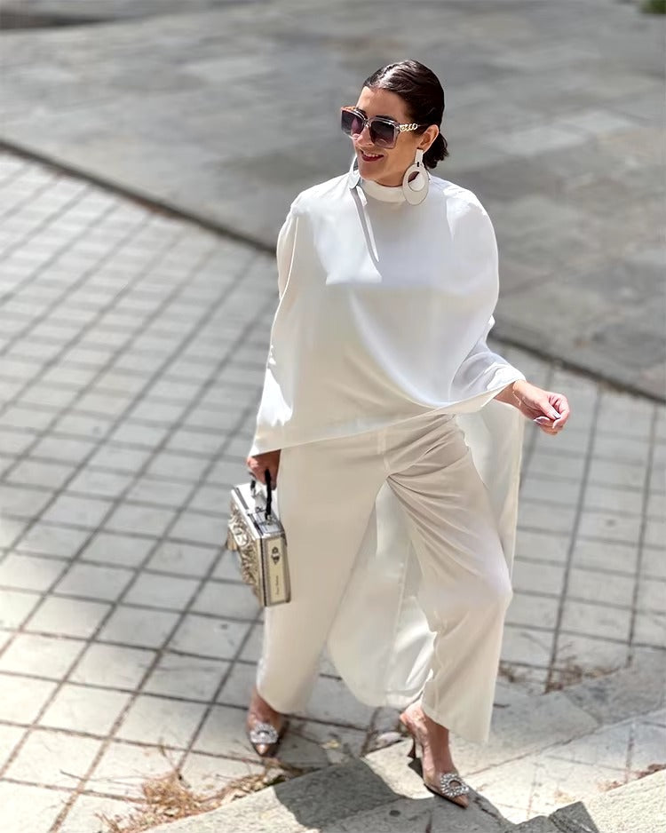 Casual Solid High-Neck Loose Tops & Wide Leg Streetwear high Waist Two Pieces Pants Suits Mssza