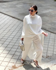 Casual Solid High-Neck Loose Tops & Wide Leg Streetwear high Waist Two Pieces Pants Suits Mssza