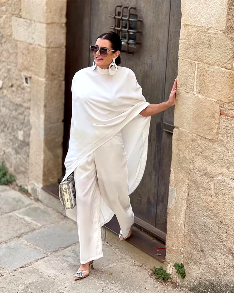 Casual Solid High-Neck Loose Tops & Wide Leg Streetwear high Waist Two Pieces Pants Suits Mssza
