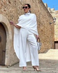 Casual Solid High-Neck Loose Tops & Wide Leg Streetwear high Waist Two Pieces Pants Suits Mssza