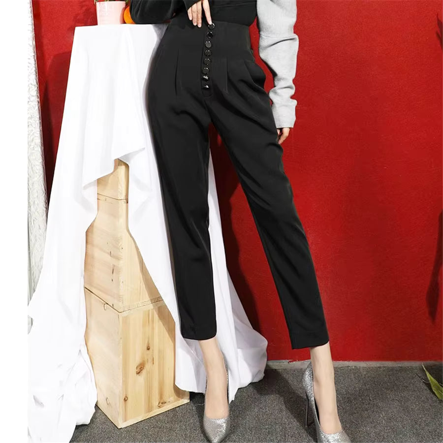 Casual High Waist Button Pencil Straight Pants Mssza