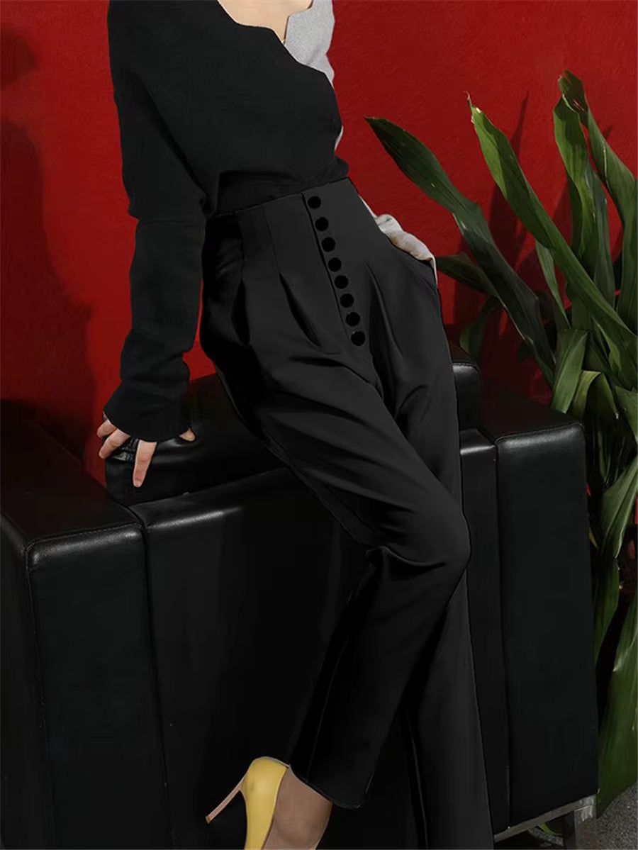 Casual High Waist Button Pencil Straight Pants Mssza