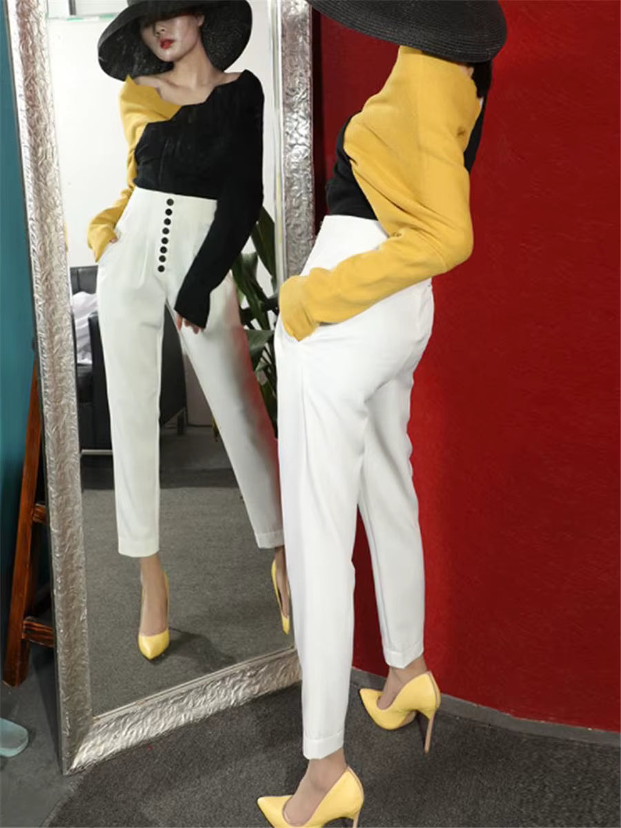 Casual High Waist Button Pencil Straight Pants Mssza
