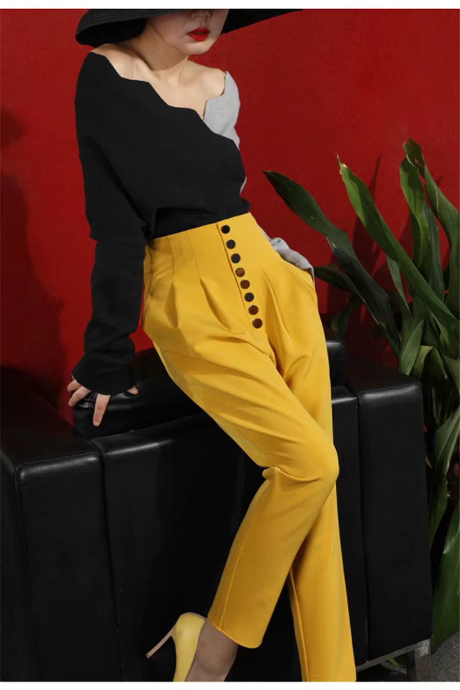 Casual High Waist Button Pencil Straight Pants Mssza