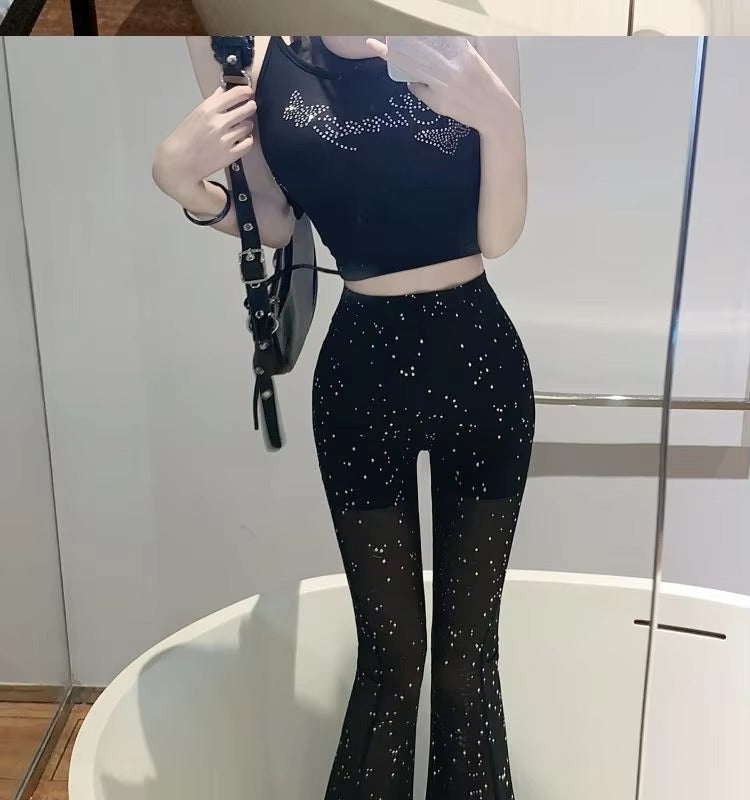 Casual High Waist Design Quick Drying Tight Flare Shiny Pants Mssza