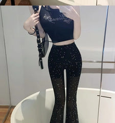 Casual High Waist Design Quick Drying Tight Flare Shiny Pants Mssza