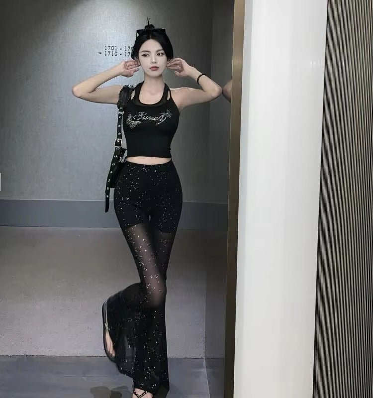 Casual High Waist Design Quick Drying Tight Flare Shiny Pants Mssza
