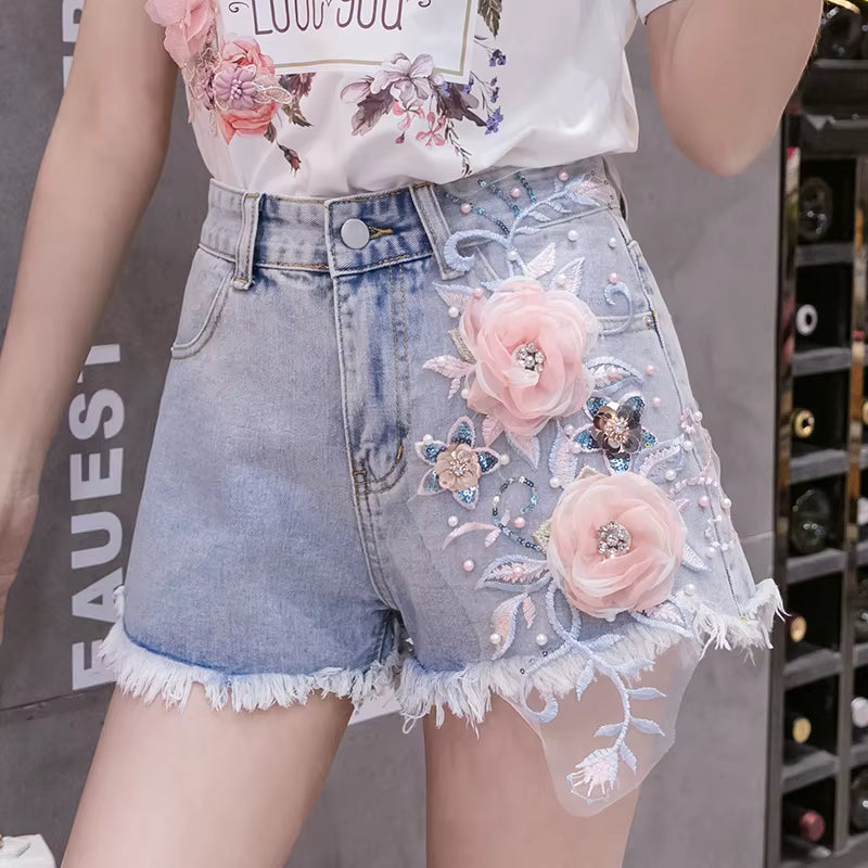 Casual High Waist Embroidery Denim Booty Top And Shorts Mssza