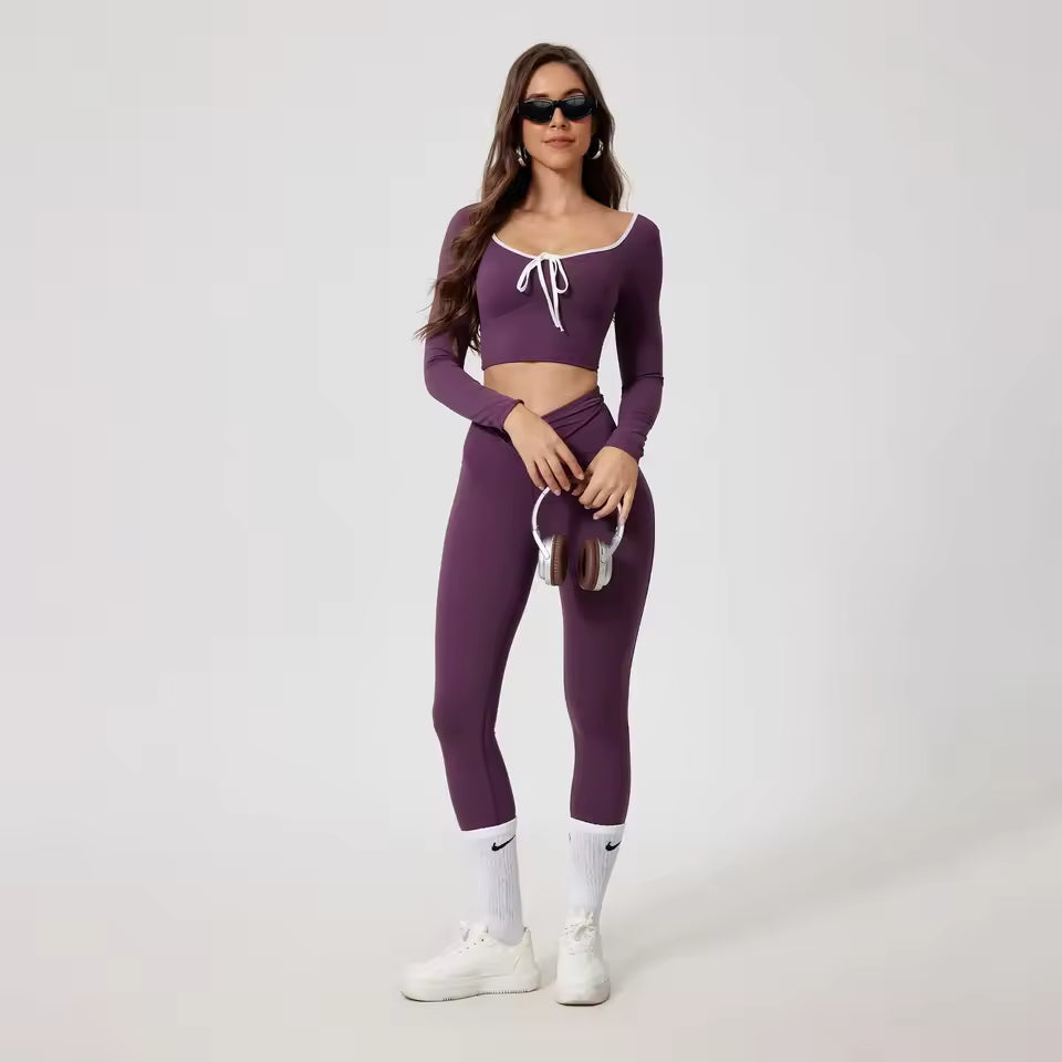Casual High Waist Hip Raise Pants And Long-Sleeved Top Yoga Sets Mssza