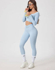 Casual High Waist Hip Raise Pants And Long-Sleeved Top Yoga Sets Mssza
