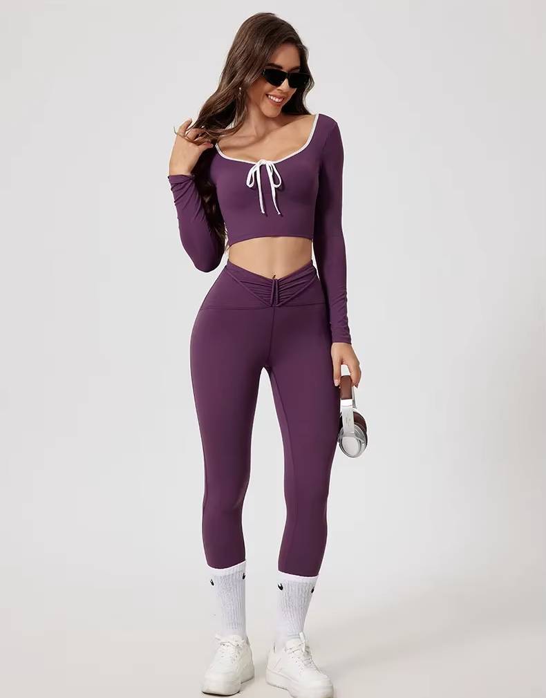 Casual High Waist Hip Raise Pants And Long-Sleeved Top Yoga Sets Mssza