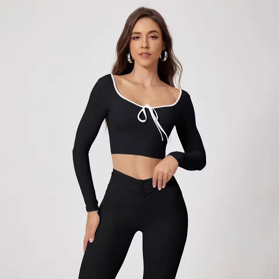 Casual High Waist Hip Raise Pants And Long-Sleeved Top Yoga Sets Mssza