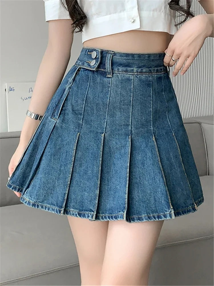 Casual High Waist Irregular Denim Pleated A-Line Mini Skirts Mssza