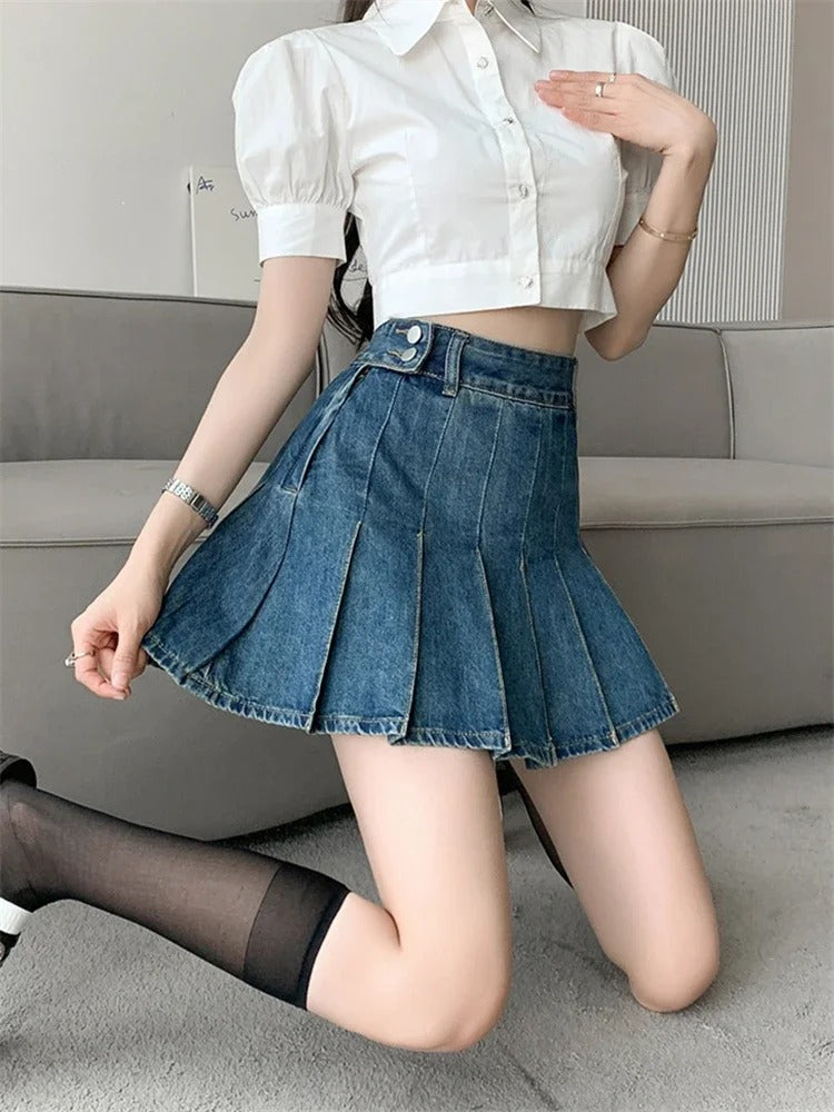 Casual High Waist Irregular Denim Pleated A-Line Mini Skirts Mssza