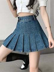 Casual High Waist Irregular Denim Pleated A-Line Mini Skirts Mssza