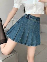 Casual High Waist Irregular Denim Pleated A-Line Mini Skirts Mssza