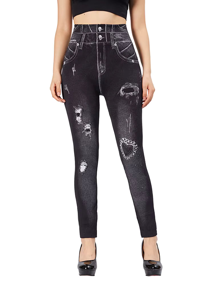 Casual High Waist Love Holes Print Black Jeggings Stretch Faux Denim Pencil Leggings Mssza