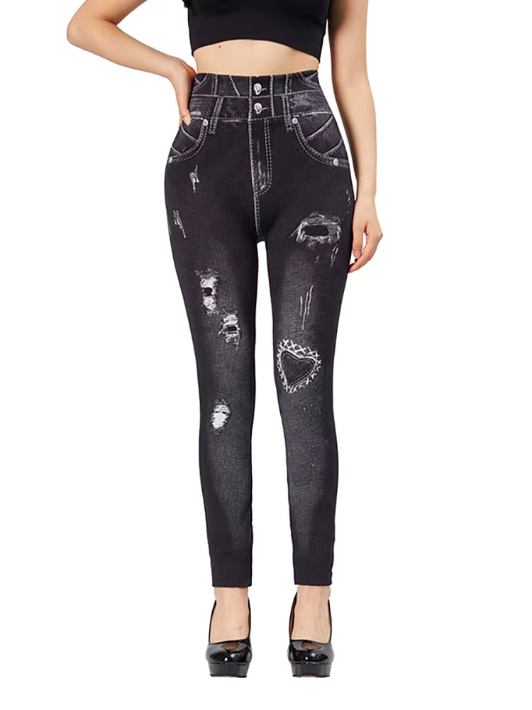 Casual High Waist Love Holes Print Black Jeggings Stretch Faux Denim Pencil Leggings Mssza