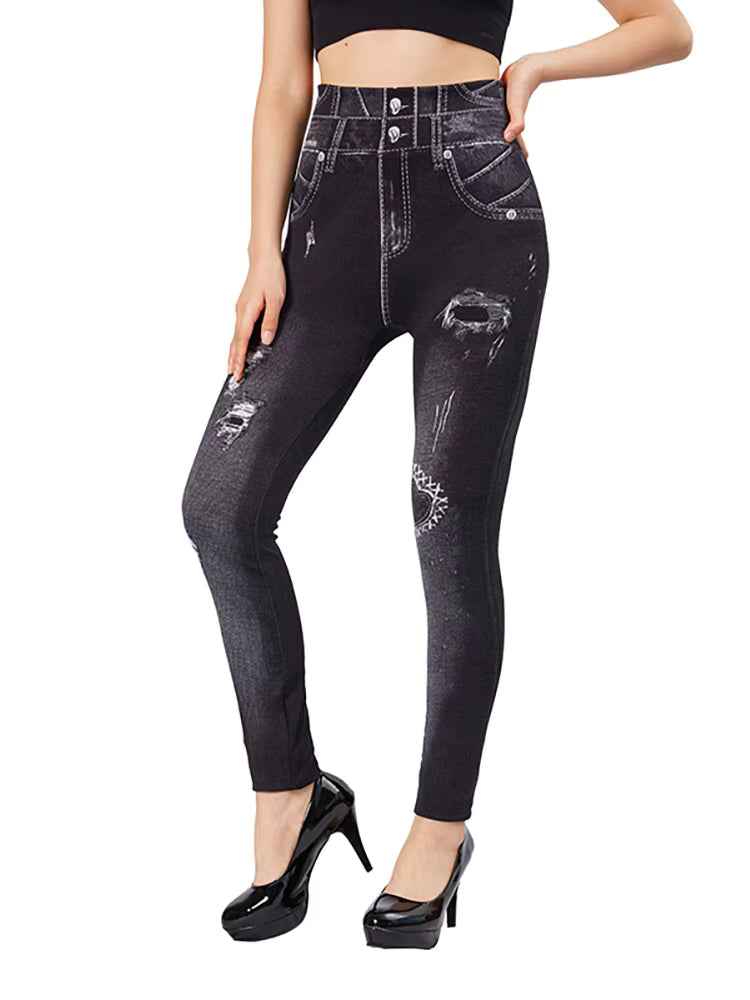 Casual High Waist Love Holes Print Black Jeggings Stretch Faux Denim Pencil Leggings Mssza