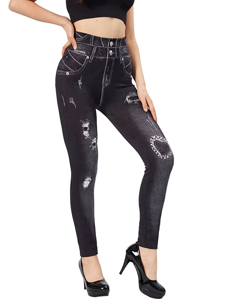 Casual High Waist Love Holes Print Black Jeggings Stretch Faux Denim Pencil Leggings Mssza