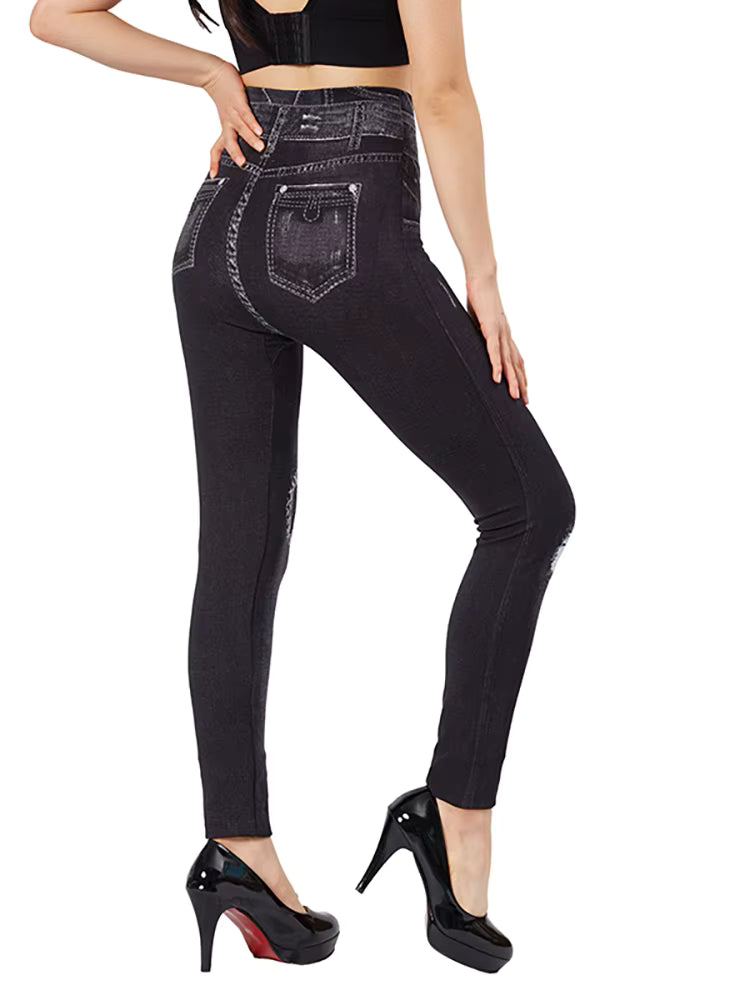 Casual High Waist Love Holes Print Black Jeggings Stretch Faux Denim Pencil Leggings Mssza
