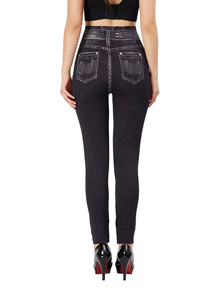 Casual High Waist Love Holes Print Black Jeggings Stretch Faux Denim Pencil Leggings Mssza