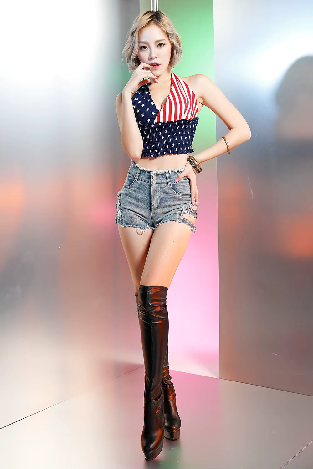 Casual High Waist Perforated High Elastic Plus Size Skinny Shorts Mssza