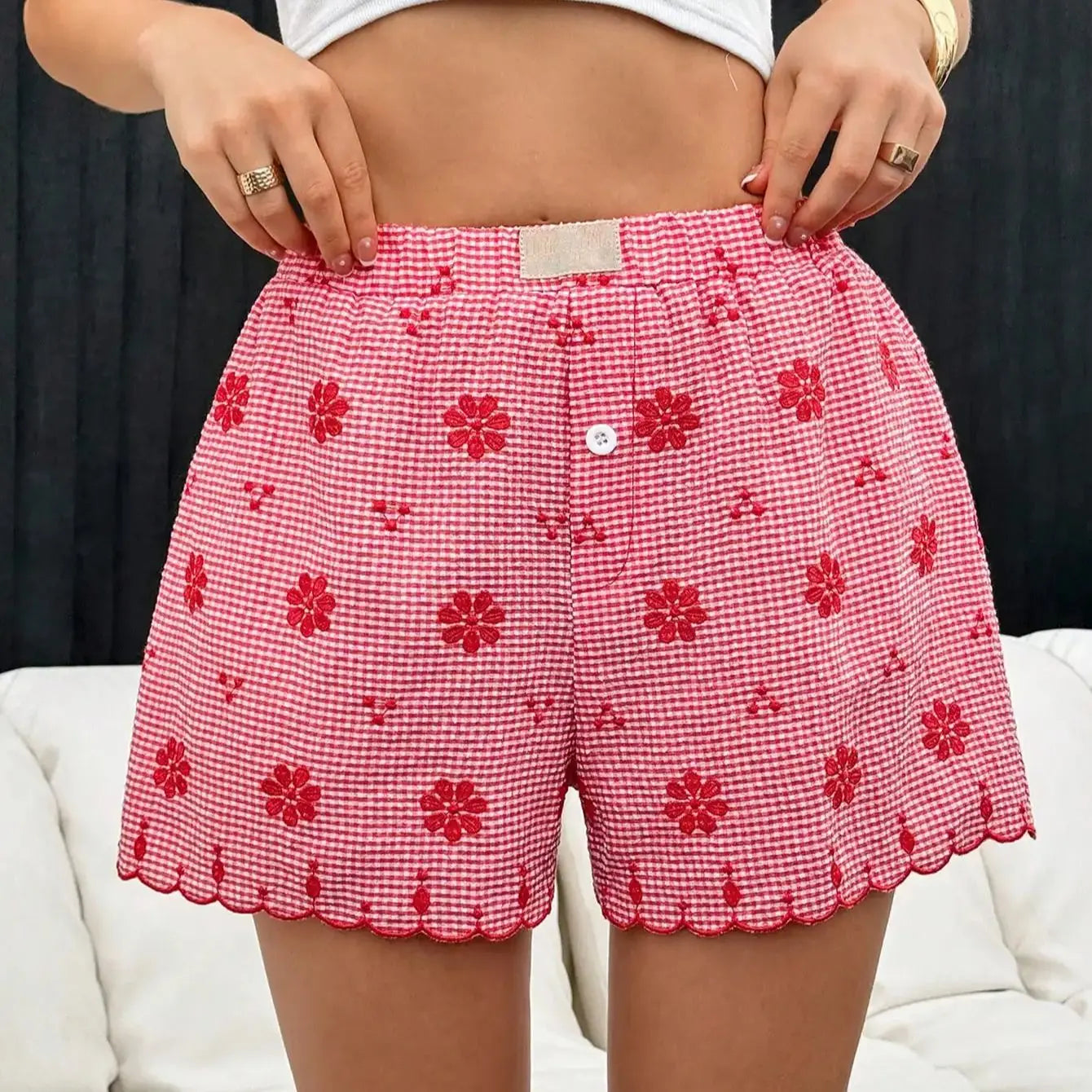 Casual High Waist Plaid Button Front Ruffled Hem Beach Style Shorts Mssza