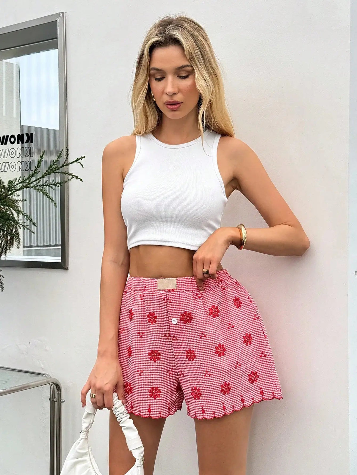 Casual High Waist Plaid Button Front Ruffled Hem Beach Style Shorts Mssza