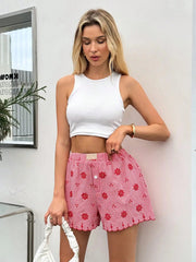 Casual High Waist Plaid Button Front Ruffled Hem Beach Style Shorts Mssza