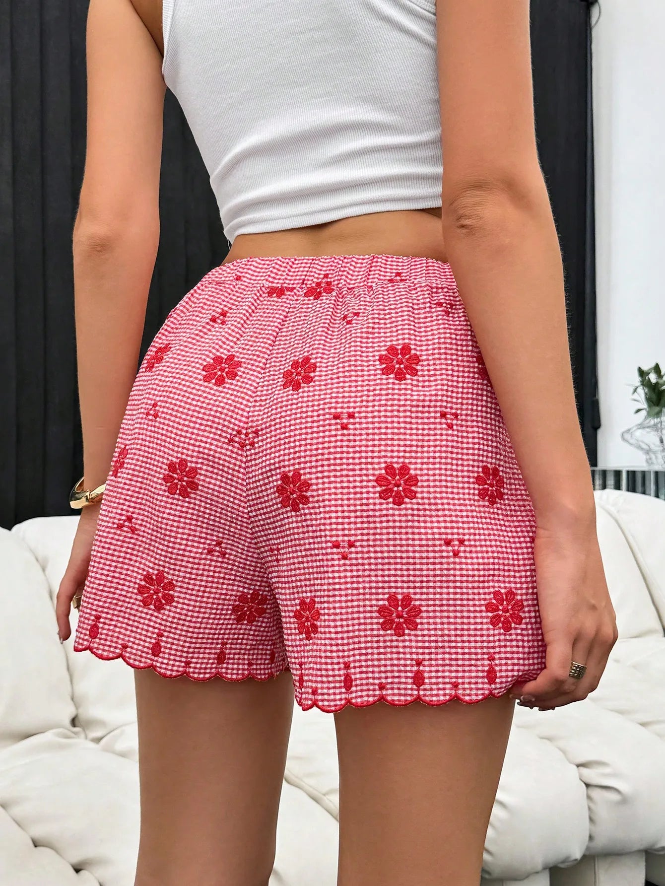 Casual High Waist Plaid Button Front Ruffled Hem Beach Style Shorts Mssza