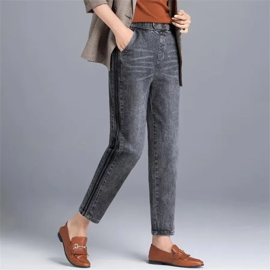 Casual High Waist Stripe Denim Baggy Ankle Length Harem Jeans Mssza