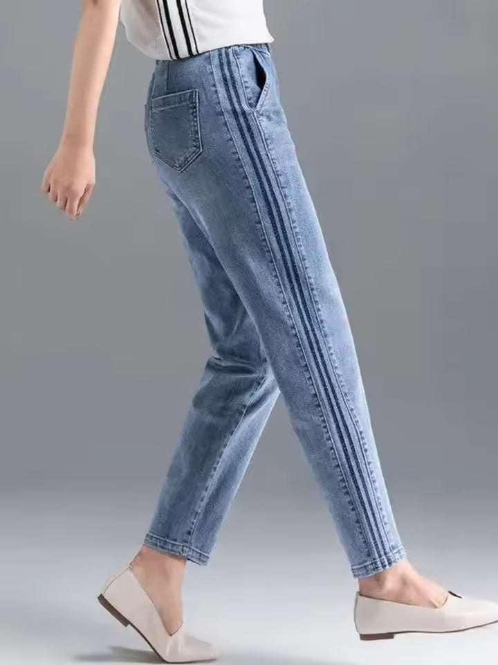 Casual High Waist Stripe Denim Baggy Ankle Length Harem Jeans Mssza