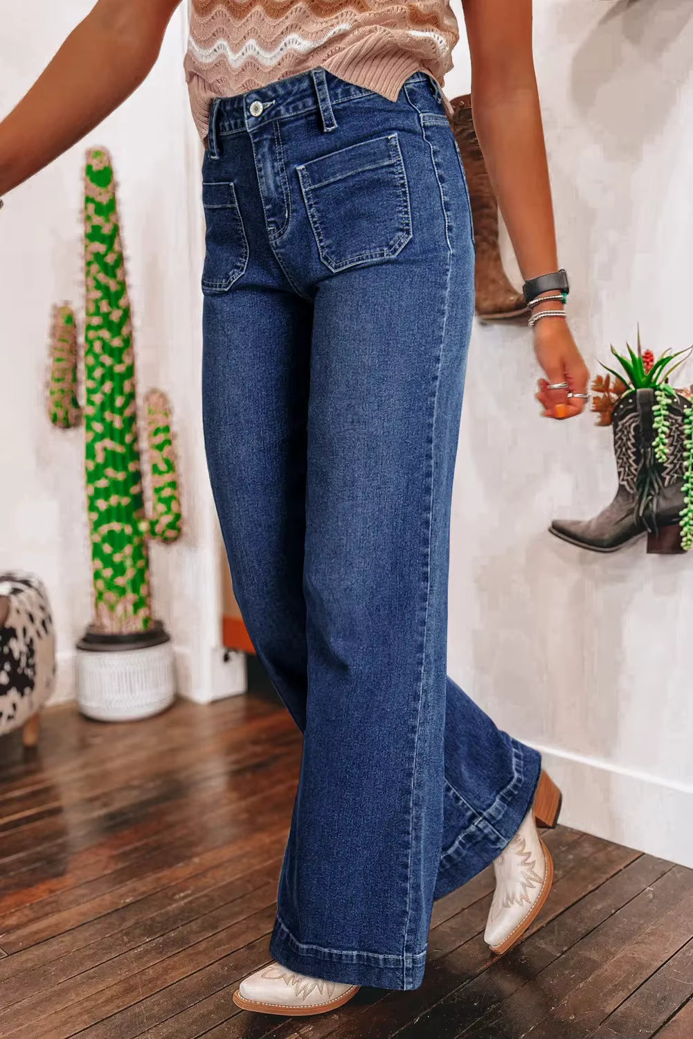 Casual High Waist Wide Leg Retro Straight Spliced leg Jeans Mssza